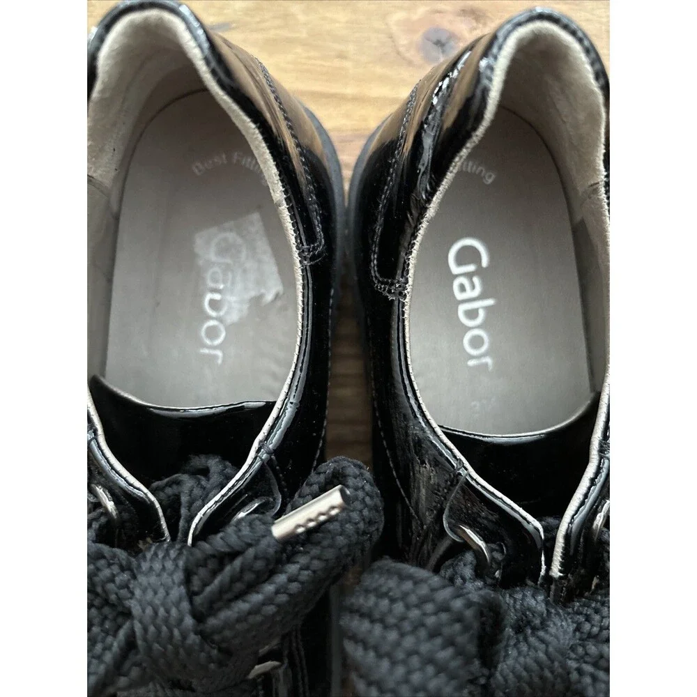 GABOR Comfort Black Patent Oxford Almond Toe Lace Up Brogue Loafer Academia Y2K